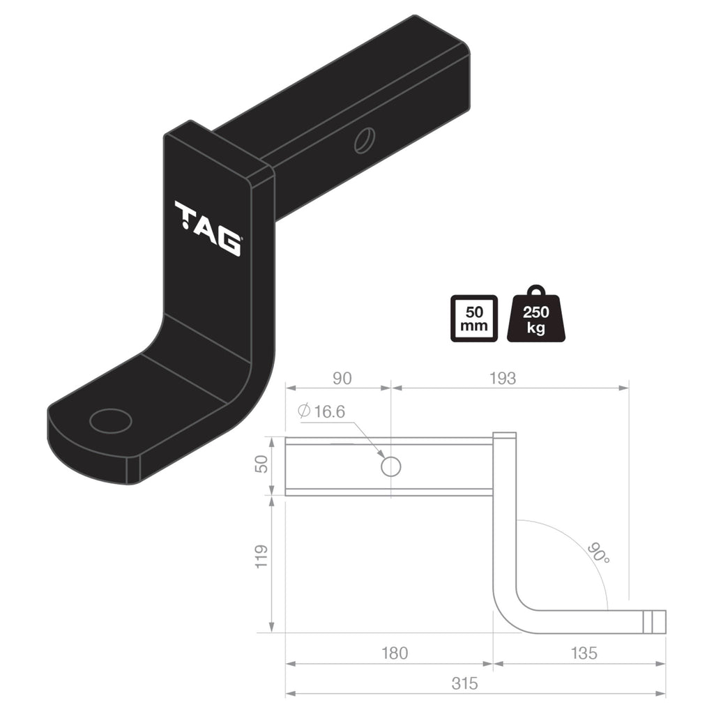 TAG | Heavy Duty Tow Ball Mount | 193mm Long 125mm Drop 50mm Square Hitch | L4183