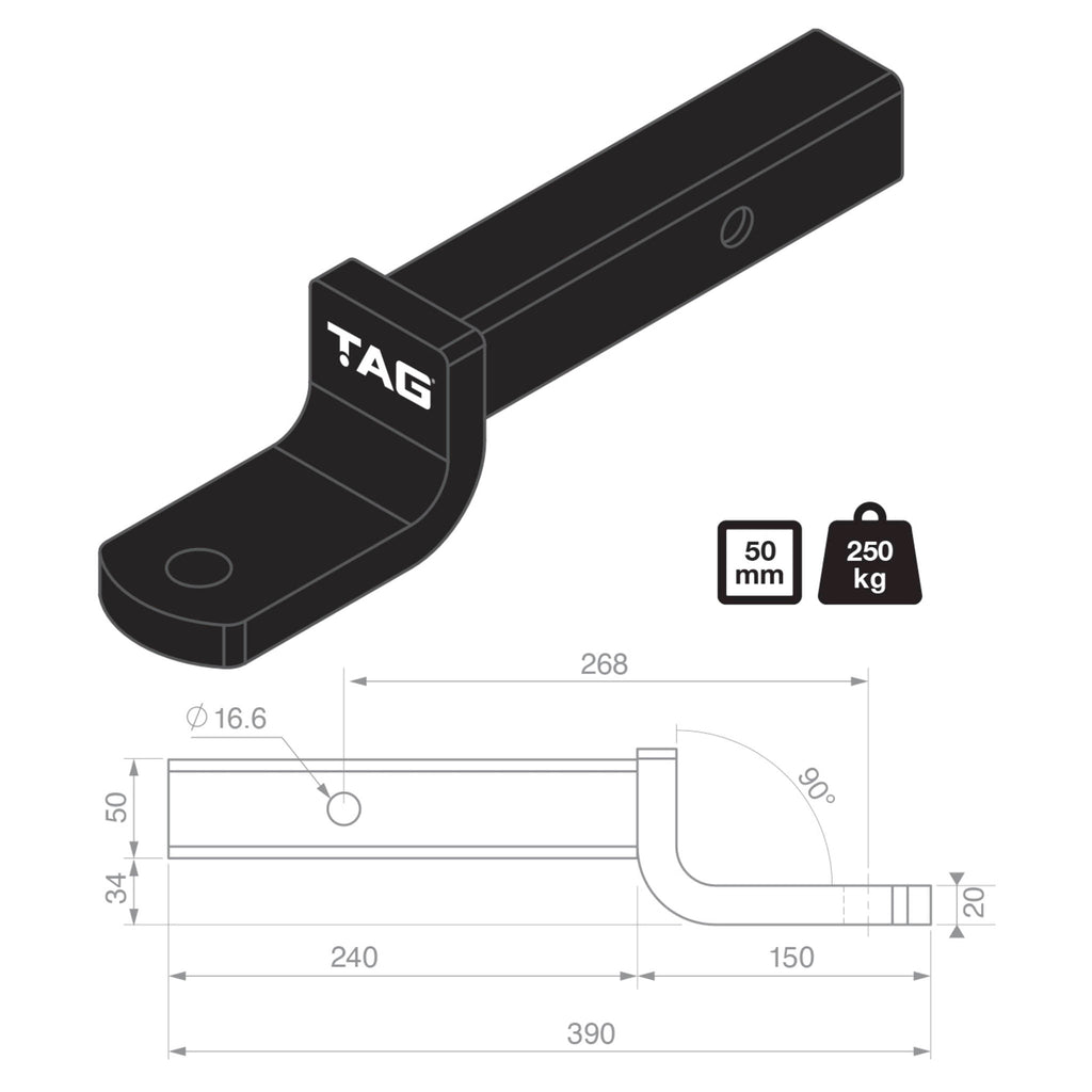 TAG | Heavy Duty Tow Ball Mount | 268mm Long 40mm Drop 50mm Square Hitch | L4240