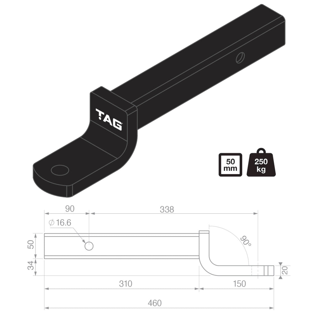 TAG | Heavy Duty Tow Ball Mount | 338mm Extra Long 40mm Drop 50mm Square Hitch | L4310