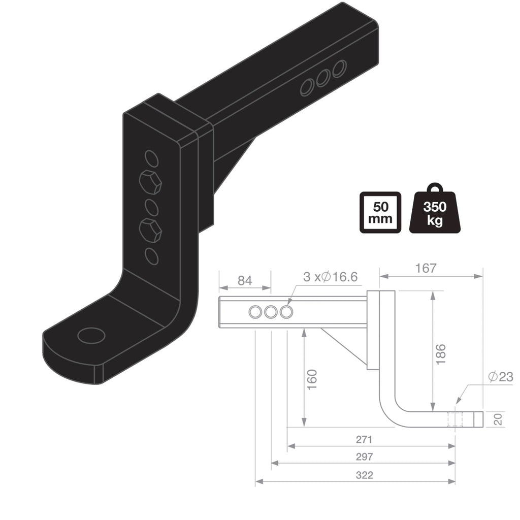 TAG | Adjustable Heavy Duty Tow Ball Mount 90° Face | Universal 50mm Square Hitch 297mm Long | L4435