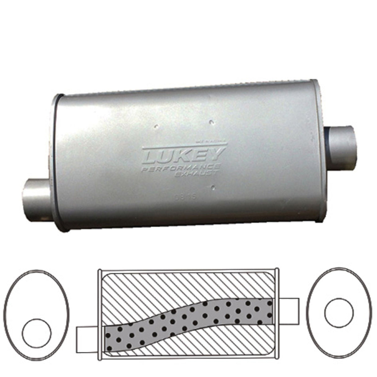 Lukey - 2 1/2" ID - Oval Muffler - 14" Long x 8" Wide x 4" High - Offset / Centre - Megaflow Glass Packed - Aluminised