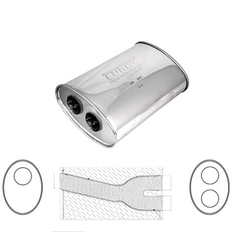 Lukey - 2 1/2" ID - Oval Muffler - 14" Long x 10" Wide x 5 1/4" High - Offset / Dual 2 1/4" Offset Exits - Megaflow Glass Packed - Stainless Steel