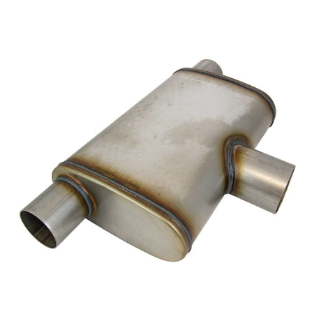 Redback - 3" East West Performance Muffler Centre In/Twin 2.5" Out 14"x9"x4" Oval 409 Stainless Steel