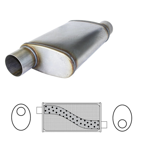 Redback - 3" Straight Through Muffler O/O 14"x8"x4" Oval 409 Stainless Steel (With Spigots)
