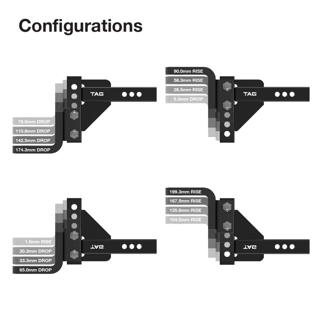 TAG | Adjustable Heavy Duty Tow Ball Mount 90° Face | Universal 50mm Square Hitch 174mm Drop | UNTTBM000