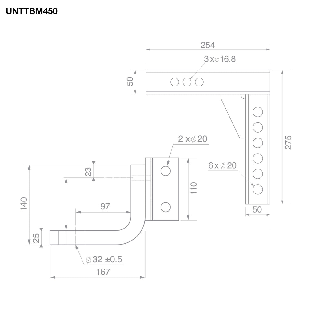 TAG | Adjustable Heavy Duty Tow Ball Mount 90° Face | Universal 50mm Square Hitch | UNTTBM450