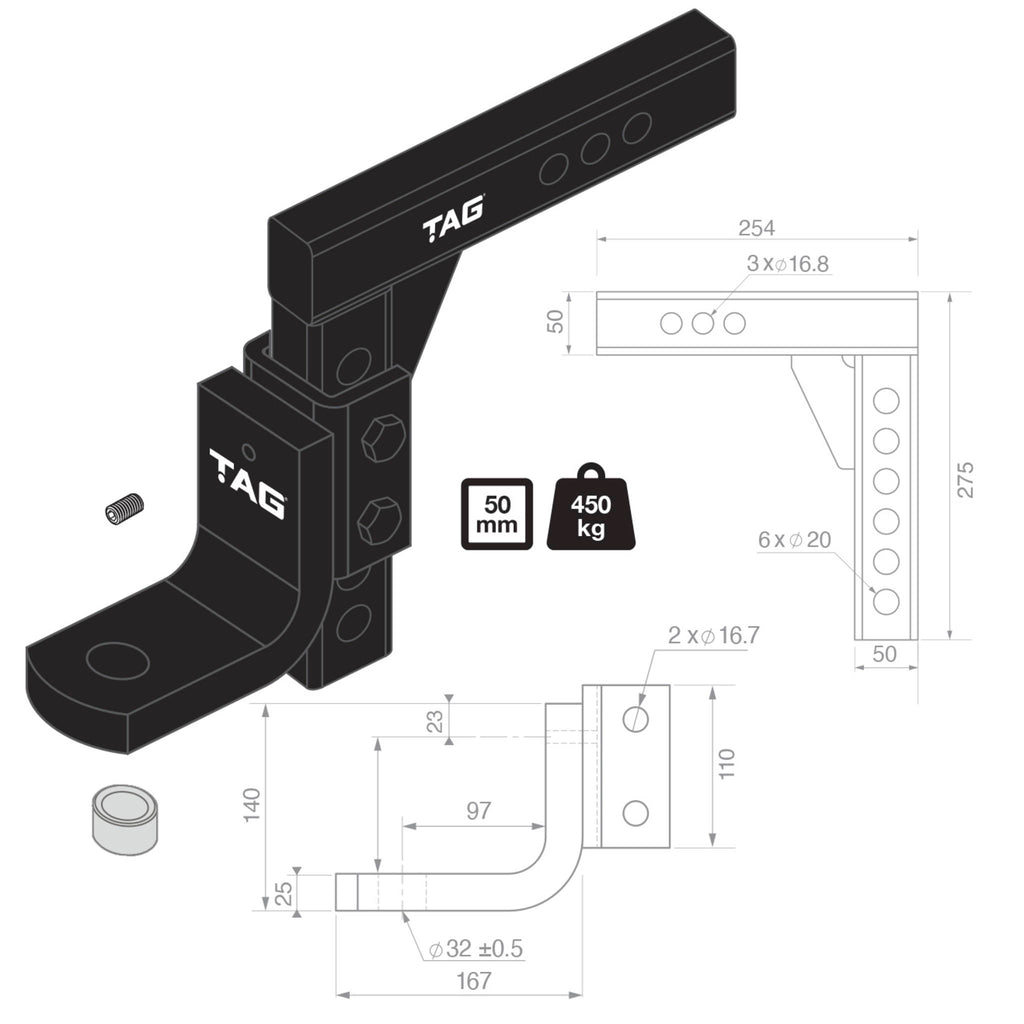 TAG | Adjustable Heavy Duty Tow Ball Mount 90° Face | Universal 50mm Square Hitch | UNTTBM450