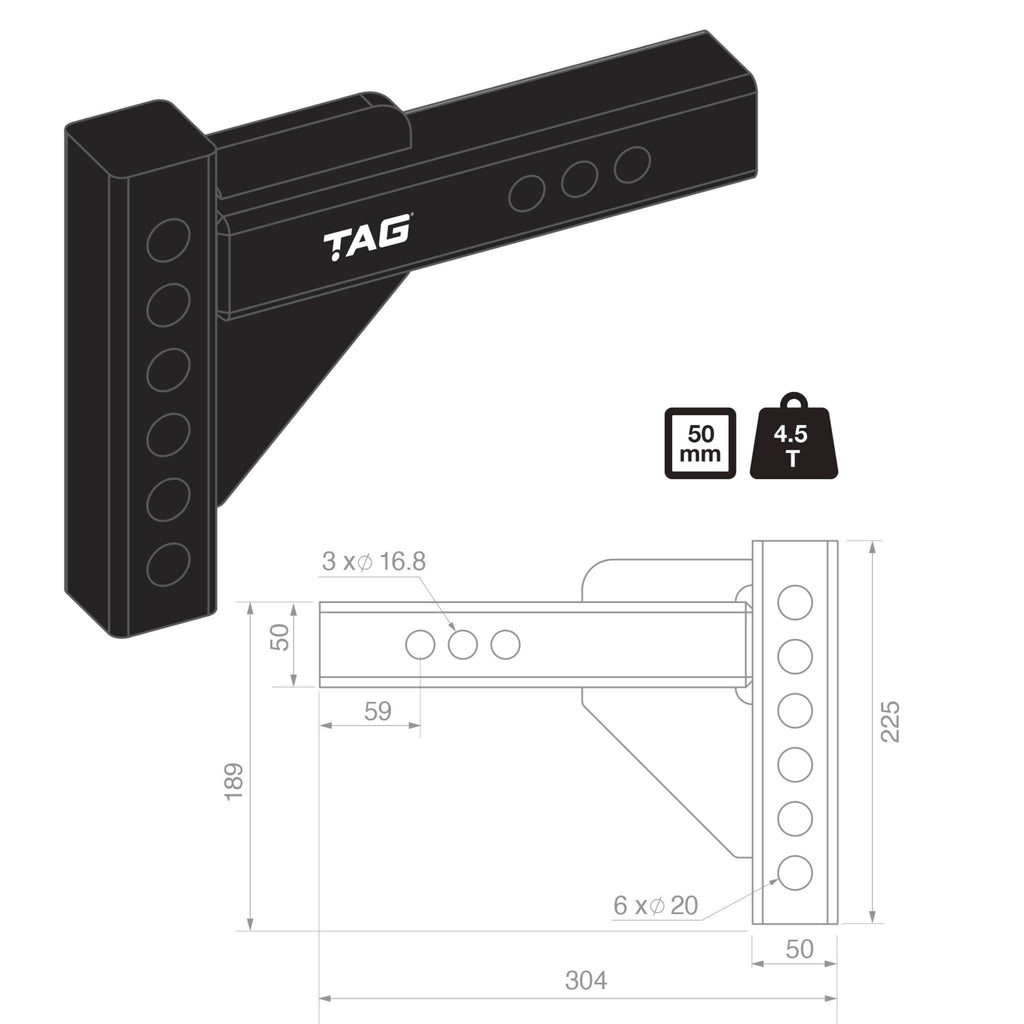 TAG | Adjustable Heavy Duty Tow Ball Mount 90° Face | Universal 50mm Square Hitch 174mm Drop | UNTTBM000