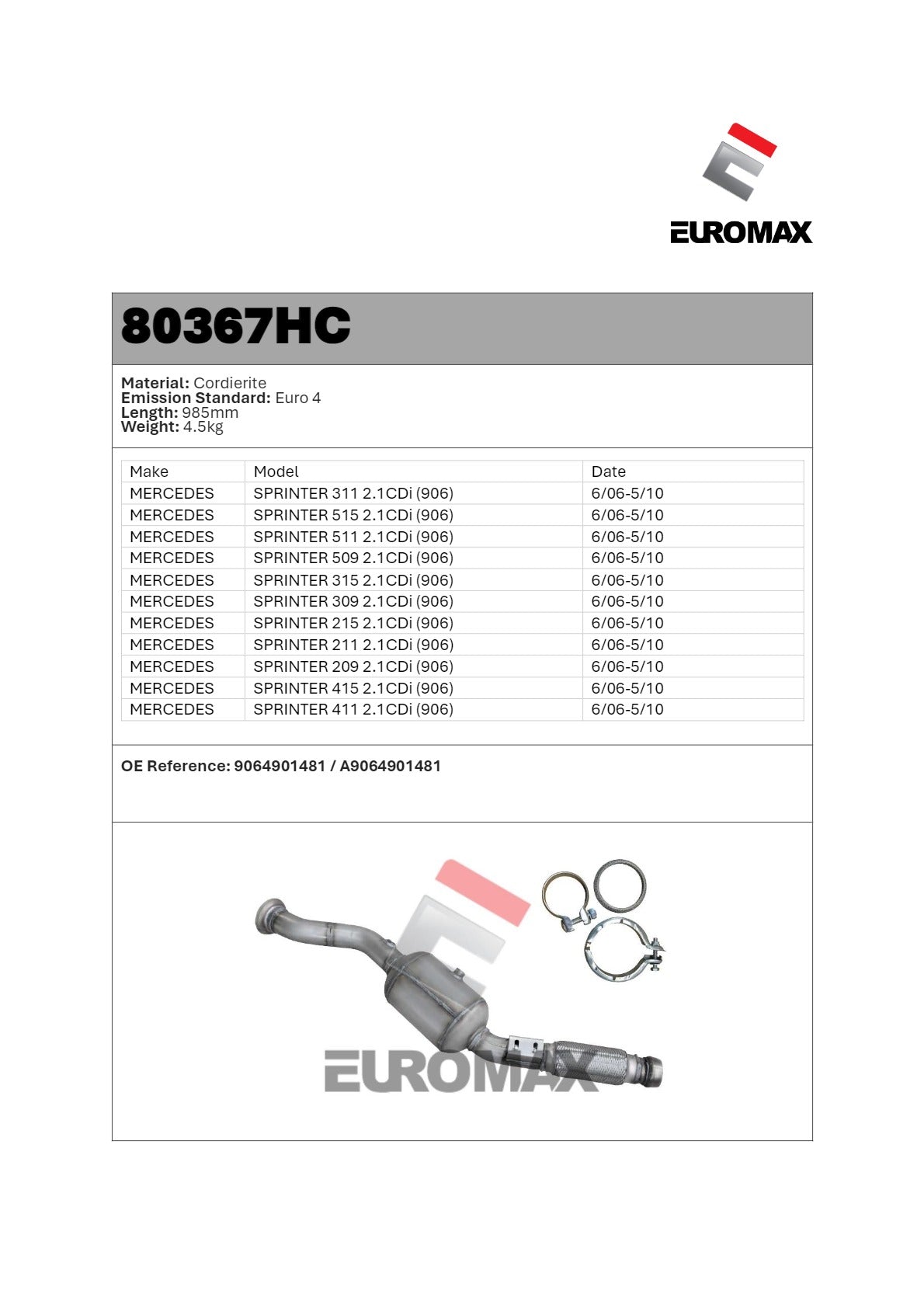 DOC for Mercedes-Benz Sprinter 2.1L CDi (2006–2010) – Euromax Diesel Oxidation Catalyst (985mm Length)