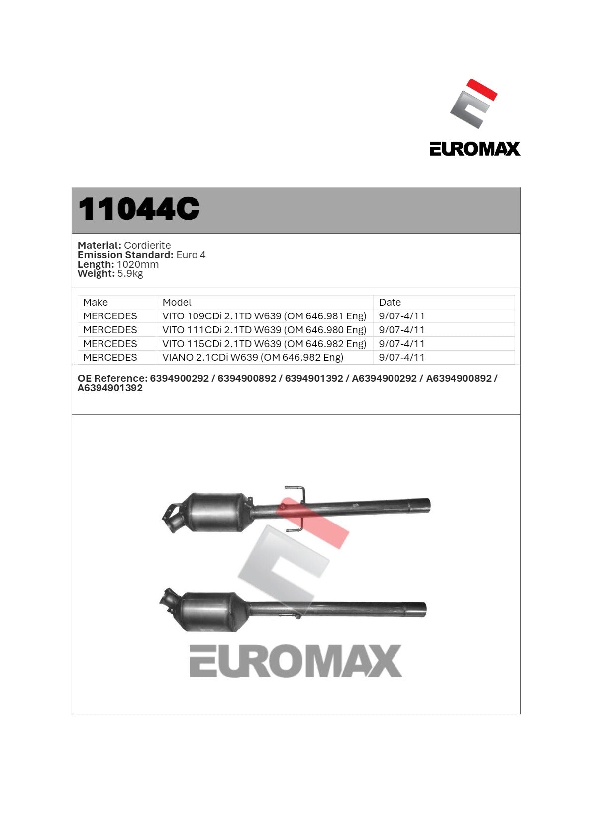 DPF Kit for Mercedes-Benz Vito 2.1L – Euromax Diesel Particulate Filter
