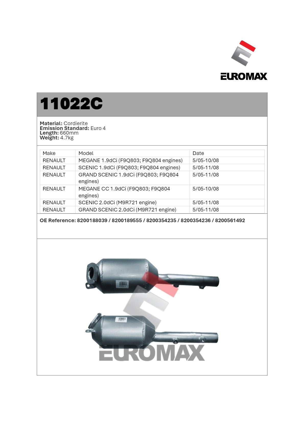 Euromax Diesel Particulate Filter Renault Megane Scenic 1.9L F9Q Hatch Wagon MPV 2005–2009 - 11022C