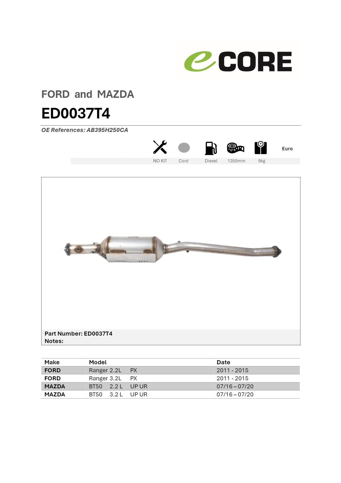 Ecore - Mazda BT50, Early Ford Ranger 2.2L/3.2L DPF Diesel Particulate Filter