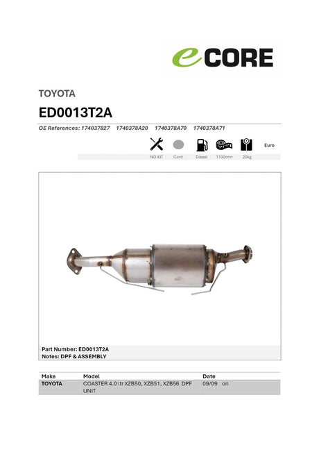 Ecore DPF & DOC Assembly Toyota Coaster 4.0L N04C Bus 2009–On - ED0013T2A