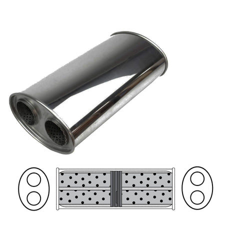 Redback - 2" Universal Muffler Twin In/Twin Out 16"x8"x4" Oval Aluminised Steel
