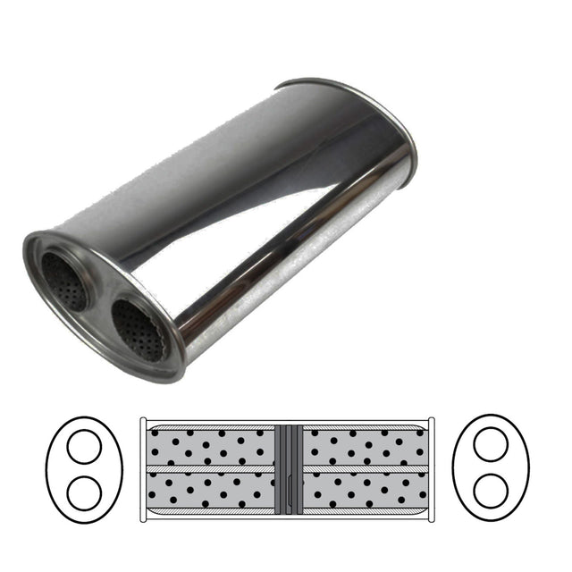 Redback - 2" Universal Muffler Twin In/Twin Out 16"x8"x4" Oval Aluminised Steel