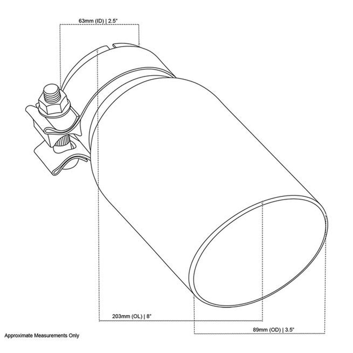 Exhaust Tip - 2.5" In - 3 1/2" Out - 8" Long (Angle Cut - Inner Cone - 304 Black Chrome)