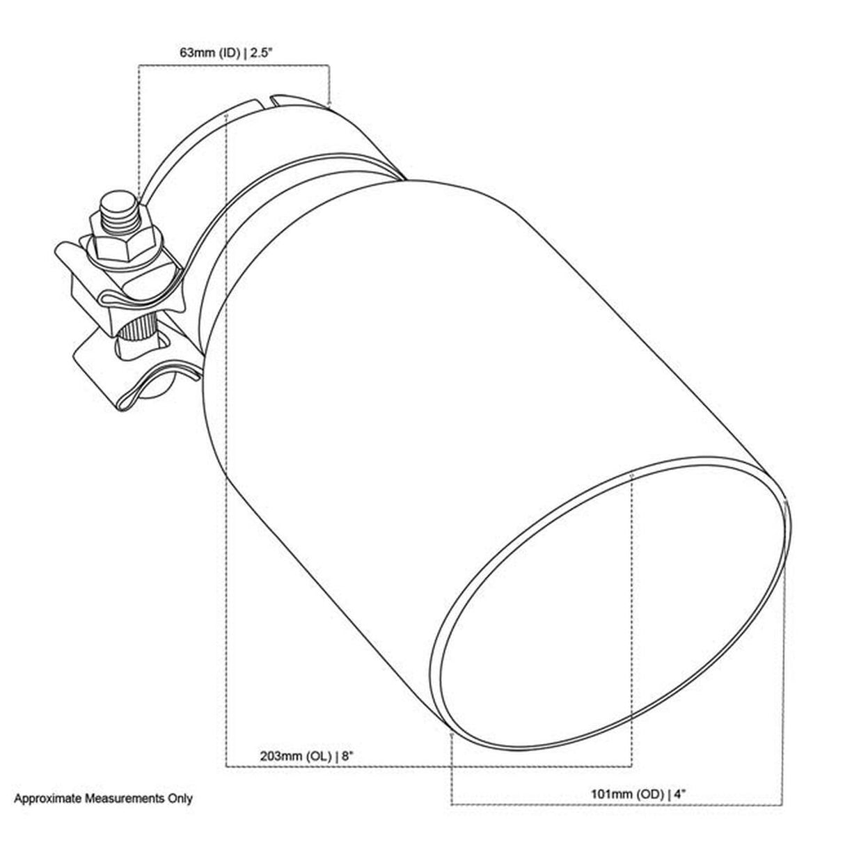Exhaust Tip - 2.5" In - 4" Out - 8" Long. (Angle Cut - Inner Cone - 304 Black Chrome)